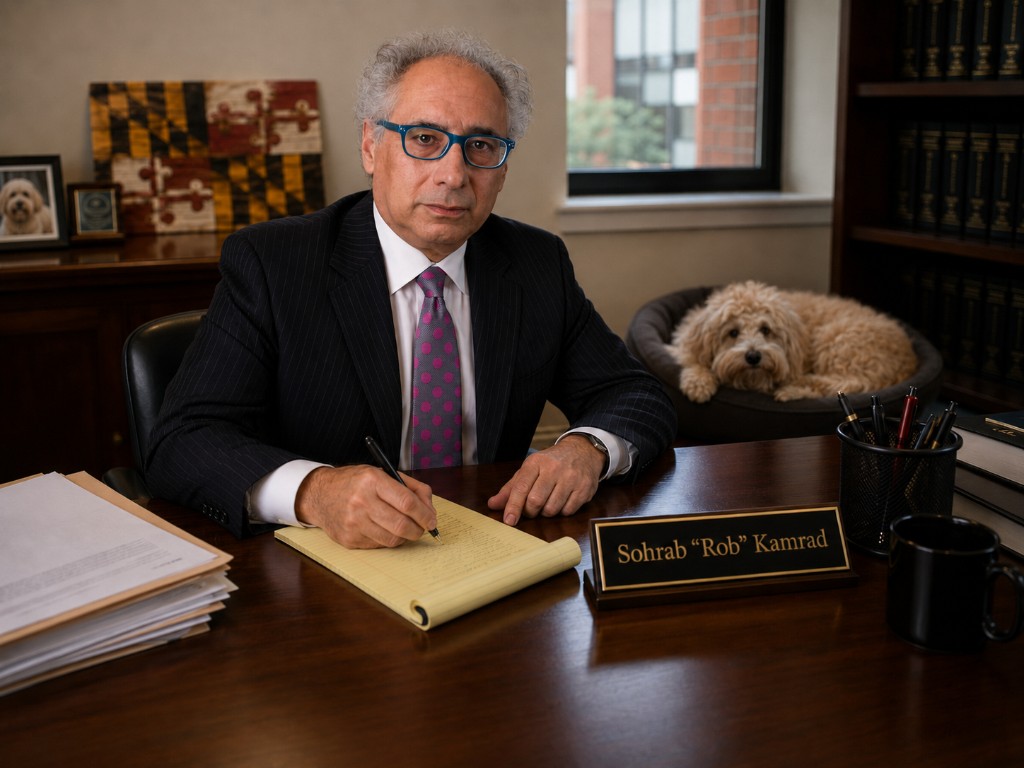 Rob Kamrad at his Frederick office desk with case files, legal pad, and nameplate during a consultation.