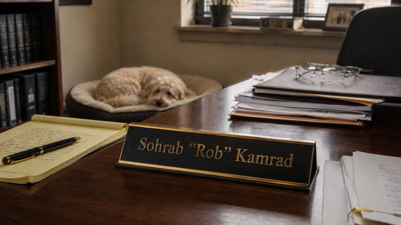 Sohrab "Rob" Kamrad nameplate on desk in the downtown Frederick office, with case files and law books visible.